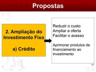 Propostas


                    Reduzir o custo
 2. Ampliação do    Ampliar a oferta
                    Facilitar o acesso
Investimento Fixo
                    Aprimorar produtos de
   a) Crédito       financiamento ao
                    investimento

                                            17
 