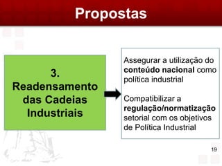 Propostas


                Assegurar a utilização do
                conteúdo nacional como
      3.        política industrial
Readensamento
 das Cadeias    Compatibilizar a
                regulação/normatização
  Industriais   setorial com os objetivos
                de Política Industrial

                                       19
 