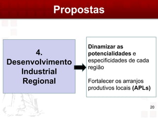 Propostas


                  Dinamizar as
       4.         potencialidades e
Desenvolvimento   especificidades de cada
                  região
   Industrial
    Regional      Fortalecer os arranjos
                  produtivos locais (APLs)


                                            20
 