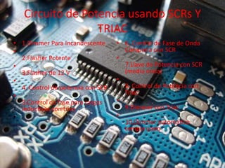 Circuito de Potencia usando SCRs Y
TRIAC
• 1.Dimmer Para Incandescente
•
2.Flasher Potente
•
3.Flasher de 12 V
•
4. Control de potencia con SCR
•
5.Control de fase para cargas
inductivas con triac
•
• 6. Control de Fase de Onda
Completa con SCR
•
7.Llave de Potencia con SCR
(media onda)
•
8. Control de Potencia con
Triac
•
9.Dimmer con Triac
•
10.Dimmer automático
temporizado
•
 
