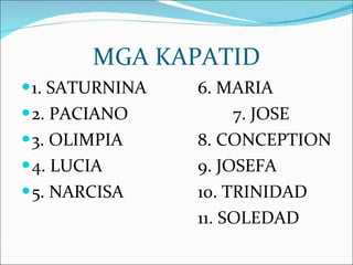MGA KAPATID 1. SATURNINA 6. MARIA 2. PACIANO 7. JOSE 3. OLIMPIA 8. CONCEPTION 4. LUCIA 9. JOSEFA 5. NARCISA 10. TRINIDAD 11. SOLEDAD 