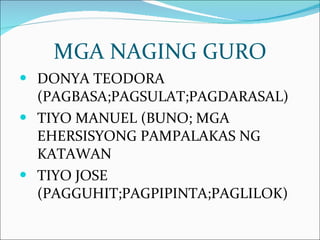 MGA NAGING GURO DONYA TEODORA (PAGBASA;PAGSULAT;PAGDARASAL) TIYO MANUEL (BUNO; MGA EHERSISYONG PAMPALAKAS NG KATAWAN TIYO JOSE (PAGGUHIT;PAGPIPINTA;PAGLILOK) 
