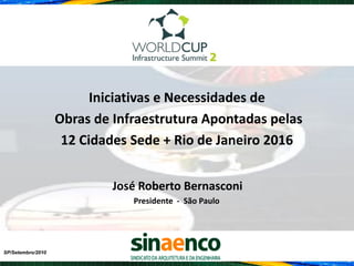 Iniciativas e Necessidades de
                   Obras de Infraestrutura Apontadas pelas
                    12 Cidades Sede + Rio de Janeiro 2016


                            José Roberto Bernasconi
                               Presidente - São Paulo




SP/Setembro/2010
 
