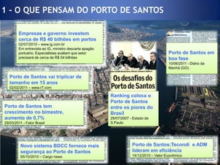 1 - O QUE PENSAM DO PORTO DE SANTOSPorto de Santos em boa fase10/06/2011 - Diário da Manhã (GO)Porto de Santos:Tecondi e ADM lideram em eficiência14/12/2010 – Valor EconômicoEmpresas e governo investem cerca de R$ 40 bilhões em portos02/07/2010 – www.ig.com.brEm entrevista ao iG, ministro descarta apagão portuário. Especialistas avaliam que setor precisará de cerca de R$ 54 bilhõesPorto de Santos tem crescimento no bimestre, aumento de 0,7%29/03/2011 - Fator BrasilPorto de Santos vai triplicar de tamanho em 15 anos02/02/2011 – www.r7.comRanking coloca o Porto de Santos entre os piores do Brasil29/07/2007 - Estado de S.PauloNovo sistema BDCC fornece mais segurança ao Porto de Santos05/10/2010 – Cargo news
