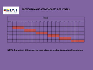 CRONOGRAMA DE ACTIVIDADADES  POR  ETAPASNOTA: Durante el último mes de cada etapa se realizará una retroalimentación