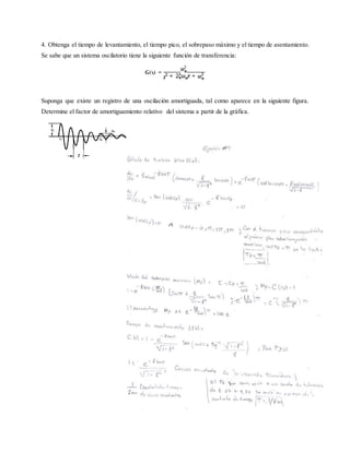 4. Obtenga el tiempo de levantamiento, el tiempo pico, el sobrepaso máximo y el tiempo de asentamiento.
Se sabe que un sistema oscilatorio tiene la siguiente función de transferencia:
Suponga que existe un registro de una oscilación amortiguada, tal como aparece en la siguiente figura.
Determine el factor de amortiguamiento relativo del sistema a partir de la gráfica.
 