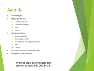 3
Agenda
 Apresentação
 Modelo tradicional
 Contextualização
 Exemplo do modelo
 Prós
 Contras
 Modelo evolutivo
 Contextualização
 Exemplo do modelo
 Descrição das tecnologias utilizadas
 Prós
 Contras
 Qual melhor modelo a ser utilizado
 Bibliografia complementar
Proibida cópia ou divulgação sem
permissão escrita do CMG Brasil.
 