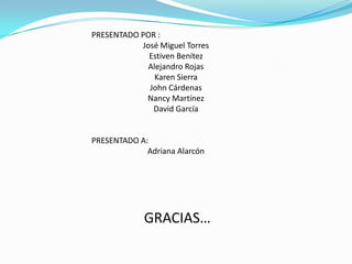 PRESENTADO POR : José Miguel TorresEstiven BenítezAlejandro RojasKaren SierraJohn CárdenasNancy MartínezDavid GarcíaPRESENTADO A:Adriana Alarcón GRACIAS…