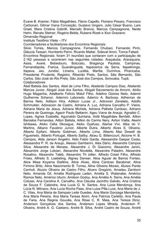 Evane B. Kramer, Fábio Magalhães, Flávio Capello, Floriano Pesaro, Francisco
Carbonari, Gilmar Viana Conceição, Gustavo Ungaro, Julio César Bueno, Lars
Grael, Mara Cristina Gabrilli, Marcelo Branco, Marcos Campagnone, Neide
Hahn, Renato Stetner, Rogério Belda, Rubens Rizek e Xico Graziano
Dimensão Regional
Instituto Teotônio Vilela – ITV
Coordenadores e facilitadores dos Encontros Regionais:
Silvio Torres, Marcos Campagnone, Fernando Chubaci, Fernando Pirró,
Gláucia Tessari, Humberto Parro, Ricardo Mattar, Sideval Aroni, Tonca Falseti.
Encontros Regionais: foram 31 reuniões que contaram com a participação de
2.162 pessoas e ocorreram nas seguintes cidades: Araçatuba, Araraquara,
Assis, Avaré, Bebedouro, Botucatu, Bragança Paulista, Campinas,
Fernandópolis, Franca, Guaratinguetá, Itapecerica da Serra, Itapetininga,
Itapeva, Jaú, Jundiaí, Limeira, Lucélia, Marília, Ourinhos, Piracicaba,
Presidente Prudente, Registro, Ribeirão Preto, Santos, São Bernardo, São
Carlos, São José do Rio Preto, São José dos Campos, Sorocaba, Tupã.
Colaboradores:
Abel Batista dos Santos, Abel de Lima Filho, Abelardo Campos Diaz, Abelardo
Marcos Junior, Abigail José dos Santos, Abigail Sacramento de Amorin, Abílio
Hugo Maganha, Adalberto Felício Maluf Filho, Adelino Ozores Neto, Ademir
Guilherme Schenor, Ademiro Laboredo, Aderico A. Barbosa, Adheman de
Barros Neto, Adilson Hira, Adilson Lucas Jr., Adinoran Zanelato, Adolfo
Schmukler, Adoracion de Castro, Adriana A. Luz, Adriana Carvalho P. Vieira,
Adriana Maria de Jesus, Adriana Michels, Adriana Palheta Cardoso, Adriano
Pereira de Queiroga, Agacir Paulo Bettanin, Ageu Viana de Araujo, Agnaldo C.
Lopes, Agnes Ezabella, Aguinaldo Quintana, Aidê Magalhães Benfatti, Ailton
Barcelos Fernandes, Ailton Batista, Ailton do Carmo Nery, Airton Vialta, Akemi
Ishikawa, Akiko Célia Okosigue, Akiko Oyafuso, Alairse Vivi, Alba do V.
Martins, Albano Faustino Junior, Alberte Dutra, Alberto Alves S. Oliveira,
Alberto Epifani, Alberto Goldman, Alberto Lima, Alberto Mac Dowell de
Figueiredo, Alberto Portugal, Alberto Saliby, Alceu G. Bittencourt, Alcione H. B.
Campos, Alda Janson Angelini, Aldo Fabio Garda, Alessandra Gaspar Costa,
Alessandra P. R. de Araujo, Alessio Gamberini, Alex Dário, Alexandre Campos
Silva, Alexandre de Moraes, Alexandre J. Di Giacomo, Alexandre Janini,
Alexandre Jorge Loloian, Alexandre Nicolella, Alexandre Paladini, Alexandre
Rosalino, Alexandre Taleb, Alexandre Th iollier, Alfredo Cotait Filho, Alfredo
Fróes, Alfredo S. Loebeling, Algney Denser, Alice Aguiar de Barros Fontes,
Alice Miwa Koyama Diaféria, Aline Alves, Aline Cardoso Barabinet, Aline
Firmino Brito, Aline Nascimento B. Torres, Aline Oliveira Morais, Aluisio Pardo
Canholi, Aluizio Oliveira de Castro Filho, Alvaro Gregório, Amadeu Zamboni
Neto, Amanda Gil, Amélia Rodrigues Laden, Amélia S. Watanabe, Américo
Ramos Neto, Américo Utumi, Amilson Godoy, Ana Amélia A. Serra, Ana Amélia
Colussi, Ana Carolina A. Carvalho, Ana Claudia Jacintho Galvão, Ana Cristina
de Souza F. Calandra, Ana Lucia G. N. Santos, Ana Lúcia Mendonça, Ana
Lúcia N. Mônaco, Ana Lucia Rocha Paes, Ana Luiza Pilla Luce, Ana Maria de J.
C. Vilas, Ana Maria de Sampaio Leite Guedes, Ana Maria Gonzaga Mendanha,
Ana Maria Pereira, Ana Maria Teresa Alvim, Ana Patrícia Carletto, Ana Paula
de Faria, Ana Regina Gouvêa, Ana Rosa C. R. Maia, Ana Tereza Diniz,
Anderson Gonçalves dos Santos, Anderson Lopes Mirada, Anderson P.
Oliveira, André A. G. Caetano, André B. Silva, André Castro de Souza, André


                                                                              35
 