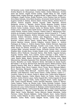Gil Sanchez Junior, André Goldman, André Menezes de Mello, André Pessoa,
Andréa Bezerra de Albuquerque, Andrea Calabi, Andrea Matarazzo, Andréia
Assis dos Santos, Angela Aranha Coelho, Angela Maria do Vale, Angela
Regian Buteli, Angela Sprenger, Angélica Rinaldi, Angelo Filippini, Angelo Luiz
Cortelazzo, Angelo Perosa, Aniello Parziane, Anna Carolina Lobo de Oliveira,
Anna Maria Azevedo, Anna Maria Quadros, Annemarie Gorski Queiroz, Antonia
Eugenia Camelo S. Batista, Antonio Adami, Antonio Afonso, Antonio Alvaro D.
Oliveira, Antonio Angarita, Antonio Augusto Telles Machado, Antonio
Bolognesi, Antonio C. Macedo, Antonio Camilo Nogueira Guedes, Antonio
Carlos Arruda da Silva, Antonio Carlos Bernardo, Antonio Carlos C. Collus,
Antonio Carlos Curátolo, Antonio Carlos de Moraes Sartini, Antônio Carlos
Freitas Junior, Antônio Carlos Girelli Gomes, Antonio Carlos Moutinho, Antonio
Carlos Pereira, Antonio Carlos Trevisani, Antônio Celso P. Albuquerque Filho,
Antônio de Arimatéia, Antonio Duarte Nogueira, Antonio Eduardo A. T. Coelho,
Antônio Fernando Albejante, Antônio Gonzales Lopes, Antonio Gustavo Lyrio
Almeida, Antônio Herculano, Antônio José Mogadouro, Antonio Julião B.
Damasio, Antônio Lourenço Pancieri, Antônio Marangon, Antonio Marcio
Buainain, Antônio Marcos Osório, Antonio Maria Claret Reis de Andrade,
Antonio Martinez Carrara, Antonio Palladino, Antonio Ribeiro Jr., Antônio
Rodrigues de Freitas Jr., Antônio Soares Pereto, Antônio Werneck, Aparecida
Maria Almeida, Aparecida Message, Aracélia Lúcia Costa, Ariana Chediak,
Arlete Souza de Oliveira, Armando A. M. Laganá, Armando Arruda Pereira
Campos Mello, Armando Azevedo Portas, Armando Gomes Filho, Armando
Shalders Neto, Arnaldo Bona, Arnaldo Gosetti Junior, Arnaldo Jardim, Arnaldo
Madeira, Arthur Wolkovier, Assunção Santos, Atílio Nerillo, Augusto Campos,
Augusto Teixeira Teles, Auro Lescher, Ayrton Camargo e Silva, Ayrton F.
Girão, Barbara Isabel Nunes Sanches, Barjas Negri, Barros Munhoz, Beatriz
Lapia, Beatriz Matta, Beatriz Scavazza, Belisário dos Santos Junior, Benê
Mascarenhas, Benedita Aparecida Pinto, Benedito Aurélio de Castro, Benedito
Duarte, Benedito Luiz Costa, Benjamin Serber, Bernadete de Araújo Duarte,
Bernadete V. de Souza, Bernard Huet, Bernardo Ignarra, Bettina Grascer, Boris
Sapojrin Rossine Gleb, Braz A. Albertini, Brigida Sacramento C. dos Santos,
Bruno Barreto Rose, Bruno Caetano, Bruno Covas, Bruno Marques Ballarin,
Bruno Reimberg Meniguetti, Caetano Jannini Netto, Caio Marini, Campos
Machado, Candida Maria Morosoff , Candinho Neto, Carina A. Faria, Carla
Almeida, Carla Belarmino, Carla Gozzo Passini, Carlito Cabrera, Carlos A. L.
Coutinho, Carlos A. M. Alonso, Carlos A. Mavas Viani, Carlos Akina Shigemori,
Carlos Alberto Alqueres, Carlos Alberto Destro de Freitas, Carlos Américo
Pacheco, Carlos Antonio Luque, Carlos Augusto Bim, Carlos Augusto de Souza
Queiroz, Carlos Augusto Farão, Carlos Augusto Hirsch, Carlos Augusto M.
Calil, Carlos Augusto Moretto, Carlos Azevedo Marcassa, Carlos B. Ramos,
Carlos Cedano, Carlos de Oliveira Avila, Carlos Donizete Cordeiro, Carlos
Eduardo Assmann, Carlos Eduardo Bártholo, Carlos Eduardo de Abreu, Carlos
Eduardo de Lucca, Carlos Eduardo G. Barbosa, Carlos Eduardo Marros, Carlos
Eduardo Neves Monero, Carlos Eduardo Rollo Ribeiro, Carlos Eduardo Sedeh,
Carlos Henrique C. Alquino, Carlos Henrique de Almeida, Carlos Henrique
Milani Nardy, Carlos Machado, Carlos Mauricio Sakata Mirandola, Carlos
Pacheco, Carlos Roberto Ballaben, Carlos Roberto Azoni, Carlos Roberto
Correia, Carlos Roberto da Silva, Carlos Roberto Ivanaskas, Carlos Roberto
Silvestrin, Carlos Rolito, Carlos Salgado Nunes, Carlos Vogt, Carmen


                                                                            36
 