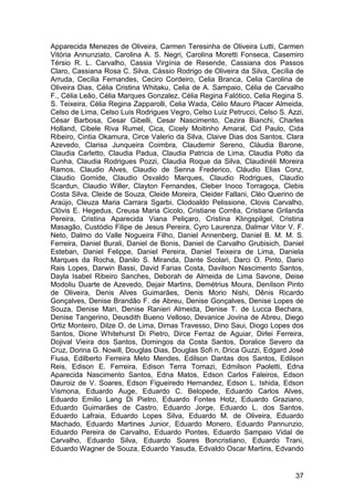 Apparecida Menezes de Oliveira, Carmen Teresinha de Oliveira Lutti, Carmen
Vitória Annunziato, Carolina A. S. Negri, Carolina Moretti Fonseca, Casemiro
Térsio R. L. Carvalho, Cassia Virgínia de Resende, Cassiana dos Passos
Claro, Cassiana Rosa C. Silva, Cássio Rodrigo de Oliveira da Silva, Cecília de
Arruda, Cecília Fernandes, Ceciro Cordeiro, Celia Branca, Celia Carolina de
Oliveira Dias, Célia Cristina Whitaku, Celia de A. Sampaio, Célia de Carvalho
F., Célia Leão, Célia Marques Gonzalez, Célia Regina Falótico, Celia Regina S.
S. Teixeira, Célia Regina Zapparolli, Celia Wada, Célio Mauro Placer Almeida,
Celso de Lima, Celso Luis Rodrigues Vegro, Celso Luiz Petrucci, Celso S. Azzi,
César Barbosa, Cesar Gibelli, Cesar Nascimento, Cezira Bianchi, Charles
Holland, Cibele Riva Rumel, Cica, Cicely Moitinho Amaral, Cid Paulo, Cida
Ribeiro, Cintia Okamura, Circe Valerio da Silva, Claive Dias dos Santos, Clara
Azevedo, Clarisa Junqueira Coimbra, Claudemir Sereno, Cláudia Barone,
Claudia Carletto, Claudia Padua, Claudia Patricia de Lima, Claudia Polto da
Cunha, Claudia Rodrigues Pozzi, Claudia Roque da Silva, Claudinéli Moreira
Ramos, Claudio Alves, Claudio de Senna Frederico, Cláudio Elias Conz,
Claudio Gomide, Claudio Osvaldo Marques, Claudio Rodrigues, Claudio
Scardun, Claudio Willer, Clayton Fernandes, Cleber Inoco Torragoça, Clebis
Costa Silva, Cleide de Souza, Cleide Moreira, Cleider Fallani, Cléo Querino de
Araújo, Cleuza Maria Carrara Sgarbi, Clodoaldo Pelissione, Clovis Carvalho,
Clóvis E. Hegedus, Creusa Maria Cicolo, Cristiane Corrêa, Cristiane Grilanda
Pereira, Cristina Aparecida Viana Peliçaro, Cristina Klingspilgel, Cristina
Masagão, Custódio Filipe de Jesus Pereira, Cyro Laurenza, Dalmar Vitor V. F.
Neto, Dalmo do Valle Nogueira Filho, Daniel Annenberg, Daniel B. M. M. S.
Ferreira, Daniel Burali, Daniel de Bonis, Daniel de Carvalho Grubisich, Daniel
Esteban, Daniel Felippe, Daniel Pereira, Daniel Teixeira de Lima, Daniela
Marques da Rocha, Danilo S. Miranda, Dante Scolari, Darci O. Pinto, Dario
Rais Lopes, Darwin Bassi, David Farias Costa, Davilson Nascimento Santos,
Dayla Isabel Ribeiro Sanches, Deborah de Almeida de Lima Savone, Deise
Modoliu Duarte de Azevedo, Dejair Martins, Demétrius Moura, Denílson Pinto
de Oliveira, Denis Alves Guimarães, Denis Morio Nishi, Dênis Ricardo
Gonçalves, Denise Brandão F. de Abreu, Denise Gonçalves, Denise Lopes de
Souza, Denise Mari, Denise Ranieri Almeida, Denise T. de Lucca Bechara,
Denise Tangerino, Deusdith Bueno Velloso, Devanice Jovina de Abreu, Diego
Ortiz Monteiro, Dilze O. de Lima, Dimas Travesso, Dino Saui, Diogo Lopes dos
Santos, Dione Whitehurst Di Pietro, Dirce Ferraz de Aguiar, Dirlei Ferreira,
Dojival Vieira dos Santos, Domingos da Costa Santos, Doralice Severo da
Cruz, Dorina G. Nowill, Douglas Dias, Douglas Sofi n, Drica Guzzi, Edgard José
Fiusa, Edilberto Ferreira Meto Mendes, Edilson Dantas dos Santos, Edilson
Reis, Edison E. Ferreira, Edison Terra Tomazi, Edmilson Paoletti, Edna
Aparecida Nascimento Santos, Edna Matos, Edson Carlos Faleiros, Edson
Dauroiz de V. Soares, Edson Figueiredo Hernandez, Edson L. Ishida, Edson
Vismona, Eduardo Auge, Eduardo C. Belopede, Eduardo Carlos Alves,
Eduardo Emilio Lang Di Pietro, Eduardo Fontes Hotz, Eduardo Graziano,
Eduardo Guimarães de Castro, Eduardo Jorge, Eduardo L. dos Santos,
Eduardo Lafraia, Eduardo Lopes Silva, Eduardo M. de Oliveira, Eduardo
Machado, Eduardo Martines Junior, Eduardo Monero, Eduardo Pannunzio,
Eduardo Pereira de Carvalho, Eduardo Pontes, Eduardo Sampaio Vidal de
Carvalho, Eduardo Silva, Eduardo Soares Boncristiano, Eduardo Trani,
Eduardo Wagner de Souza, Eduardo Yasuda, Edvaldo Oscar Martins, Edvando


                                                                           37
 