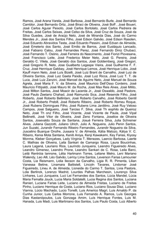 Ramos, José Arana Varela, José Barbosa, José Bernardo Burle, José Bernardo
Camblor, José Bernardo Ortiz, José Biraci de Oliveira, José Boff , José Boueri,
José Carlos Aguiar Peixoto, José Carlos Bortolato, José Carlos Pedreira de
Freitas, José Carlos Seixas, José Celso da Silva, José Cruz de Souza, José da
Silva Guedes, José de Araújo Neto, José de Miranda Dias, José do Carmo
Mendes Jr., José dos Santos Filho, José Edson Galvão, José Edson Rasolen,
José Eduardo Abravidos Testa, José Eduardo Pessini, José Edvan de Almeida,
José Emeterio dos Santo, José Emilio de Barros, José Eustáquio Lancado,
José Fabiano Calou, José Fernandes Perez, José Fernando Diniz Chubaci,
José Fernando T. Osório, José Ferreira do Nascimento, José Fiorizi Piovesana,
José Francisco Leite, José Frederico Meier Neto, José G. Pereira, José
Geraldo C. Vilela, José Geraldo dos Santos, José Goldemberg, José Gregori,
José Gregorio R. Neto, Jose Gualberto Legaspe Vieira, José Guilherme F. F.
Cruz, José Henrique Gabbay, José Henrique Lemos, José Henrique Lobo, José
Kauff mann Neto, José Luís Bizelli, José Luiz Brant de Carvalho, José Luiz de
Oliveira Santos, José Luiz Gaeta Paixão, José Luiz Ricca, José Luiz T. T. de
Luca, José Luiz Zanzini, José Manoel de Aguirre Neto, José Manuel de Souza
Agrela, José Maria F. V. da Silveira, José Mauricio Dell’Osso Cordeiro, José
Mauricio Fittipaldi, José Mauro M. da Rocha, José Max Reis Alves, José Milito,
José Milton Santos, José Moacir de Lacerda Jr., José Oswaldo, José Pastore,
José Paulo Zeetano Chahad, José Raimundo Sica, José Resende Filho, José
Roberto, José Roberto Bellintani, José Roberto Carvalho, José Roberto Gentil
Jr., José Roberto Prebill, José Roberto Ribeiro, José Roberto Romeu Roque,
José Rubens Domingues Filho, José Rubens Lima Jardilino, José Ruy Veloso
Campos, José Salgueiro, José Tarciso F. Silva, José Th eophilo de Queiroz
Neto, José Th onz Filho, José Vicente, José Vicente de Paula, José Vipal
Bellinetti, José Vitor de Oliveira, José Zeno Fontana, Joselice de Oliveira
Santos, Josevaldo Souza de Santana, Josué Ferreira Silva, Julia Schreiner
Alves, Juliana Gazzotti, Juliano Ulrich, Julio A. Nogueira, Julio Penin Santos,
Jun Suzaki, Jurandir Fernando Ribeiro Fernandes, Jurandir Nogueira da Silva,
Juscelino Buarque Onofre, Jussara V. de Almeida, Kátia Matozo, Kátya V. C.
Ribeiro, Kenia Mota Santana, Keniti Aniya, Kenji Kawakami, Key Farias, Kiyosy
Monma, Kleber Gonçalves, Lady Virginia T. Menezes, Laercio Barbosa, Laerte
C. Mathias de Oliveira, Laila Sankari de Camargo Rosa, Laura Boucinhas,
Laura Laganá, Lauriano Rios, Laurindo Junqueira, Leandro Figueiredo Alves,
Leandro Gimenez, Leandro Prone, Leandro Sankari de C. Rosa, Leila Barci,
Leilá Rentróia Iannone, Lélia Hartmann Torres, Leliane Melro, Leni Mariano
Walendy, Leo Alli, Léo Galvão, Lerroy Lima Santos, Leverson Farias Lamounier
Costa, Lia Reismann, Lidia Ilecson da Carvalho, Ligia R. R. Pimenta, Lilian
Vanessa Betine, Linamara Battistell, Lincoln Tavares, Lindomar José
Figueiredo, Lineu A. de Almeida, Lioneide do Carmo T. Santos, Livia Pastore,
Lola Berlinck, Lorenzo Madrid, Lourdes Palhas Marchesin, Lourenço Silva
Linhares, Luci Junqueira, Luci Lei Fernandes dos Santos, Lúcia Mandel, Lúcia
Maria Femalta Jouck, Lucia Maria Soldatelli, Lucia Regina dos Santos, Luciana
Ranieri, Luciane Farias Leite, Luciano de Almeida Freitas, Luciano de Freitas
Pinho, Luciano Henrique da Costa, Luciano Rios, Luciano Sousa Diaz, Luciano
Vianna, Lúcio Machado, Lucio Tonelli, Luis Americo Magri, Luis Arnaldo P. da
Cunha Junior, Luis Carlos Morrone, Luis Fernando A. Ramos, Luís Georges
Dias Kastanópoulos, Luis Gonzaga Amim, Luís Henrique Fontes, Luis M.
Hanada, Luis Madi, Luis Martiniano dos Santos, Luis Paulo Costa, Luiz Alberto


                                                                            40
 