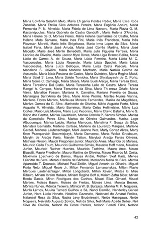 Maria Edivânia Serafim Melo, Maria Efi genia Pontes Pedro, Maria Elisa Kobs
Zacarias, Maria Ercília Silva Antunes Pereira, Maria Eugênia Accurti, Maria
Fernanda P. N. Almeida, Maria Fidela de Lima Navarro, Maria Flávia G. M.
Kastanópoulos, Maria Gabriela de Castro Gandolfi , Maria Helena D’Andréa,
Maria Helena de O. Moraes Peres, Maria Helena Guimarães de Castro, Maria
Helena Mota Santana, Maria Ines Fini, Maria Inês Francisco, Maria Inês
Piovesan Moretti, Maria Inês Shigekawa, Maria Irma Lopes da Silva, Maria
Isabel Faria, Maria José Arruda, Maria José Corrêa Martins, Maria José
Macedo, Maria José Merlin Benedetti, Maria Julia Figueira Ferreira, Maria
Leonice de Oliveira, Maria Leonor Myre Dores, Maria Ligia Branco Beliza, Maria
Lúcia do Carmo A. de Souza, Maria Lúcia Ferreira, Maria Lúcia M. C.
Vasconcelos, Maria Lúcia Rezende, Maria Lúcia Spadini, Maria Lúcia
Vasconcelos, Maria Luiza Belloque, Maria Luiza Costa Pascale, Maria
Madalena S. Oliveira, Maria Marlene Machado, Maria Natália Cosme de
Assunção, Maria Nicia Pestana de Castro, Maria Quinteiro, Maria Regina Maluf,
Maria Salet S. Lima, Maria Salete Tomioka, Maria Shirabayashi de C. Porto,
Maria Sonia C. Camargo, Maria Stears, Maria Sueli Araújo, Maria Teresa Diniz,
Maria Teresinha Del Cistia, Maria Teresinha Lello de Castro, Maria Tereza
Rangel A. Campos, Maria Terezinha da Silva, Maria Th ereza Ortale, Maria
Vieira, Marialice Fossen, Mariana A. Carvalho, Mariana Pereira de Souza,
Mariangela Sant’Anna da Silva, Marie Anne Worms, Mariléa Nunes Vianna,
Marilena Flores Martins, Marileusa Moreira Fernandes, Marilia de Magalhães,
Marilza Gomes da G. Silva, Marineide de Oliveira, Mário Augusto Porto, Mário
Augusto V. Almeida, Mario Barreiros, Mario Celso Hellmeister, Mário Luiz
Cortes, Mario Luiz Moleiro, Mario Luiz Pecoraro, Mario Otavio Batalha, Mario S.
Bispo dos Santos, Marisa Cavalheiro, Marisa Cristina P. Santos Simões, Marisa
da Conceição Peres Silva, Marisa de Oliveira Guimarães, Marisa Lage
Albuquerque, Marisa Lajolo, Marisa Marrocos, Marisilma F. Souza da Silva,
Maristela Bernardo, Marlene Cortese, Marlene de Lourenzo Marques, Marlene
Gardel, Marlene Lautenschlager, Marli Jeanne Wor, Marly Cortez Alves, Marly
Kron Psanquevich Socowiejczyk, Marta Damaeno, Marta Wolak Grosbaum,
Marylin de Araújo Faria, Marylin Tatton, Maryluci Araújo Farias Oliveira,
Matheus Nelson, Maucir Fregonesi Junior, Mauricio Alves, Maurício de Moraes,
Mauricio Gallo Fourb, Maurício Guilherme Simão, Mauricio Hoff mann, Mauricio
Junior, Mauricio Rudner Huertas, Mauricio Tashima, Mauro Arce, Mauro
Biazotti, Mauro Friedhofer, Mauro Martins de Oliveira, Mauro Ricardo M. Costa,
Maximino Loschiavo de Barros, Maysa André, Melhen Skaf Hariz, Menes
Leandro da Silva, Merabi Pereira de Santana, Mercedes Maria da Silva, Mercia
Aparecida T. Dourado, Michael Paul Zeitlin, Miguel Amorin de Oliveira, Miguel
Porto Neto, Miguel Reale Jr, Milton Fernando Lamananskas, Milton Flavio
Marques Lautenschlager, Milton Longobardi, Milton Xavier, Mintes G. Misu
Ribeiro, Miriam Ibraim Hallack, Miriam Regina Boff o, Miriam Zafra Sider, Mirian
Breda Garcia, Miron Rodrigues dos Cunhos, Misael Elias Gimael, Misael
Martins, Moises Baum, Moises de Freitas, Moises Lima, Monica Becker,
Mônica Nunes, Mônica Teixeira, Mônica W. B. Burzaca, Monika M. F. Nogueira,
Murilo Lemos, Muuira Tamezi Guilhou e Sá, Nanci Damião, Nanderley Garieri
Junior, Nara Lúcia Nonato, Natalino Gazonato, Natanael do Amaral Freitas,
Natanael Rosa da Silva, Nazira Levy Brudniewshi, Neide Hasegawa, Neide
Nogueira, Neivaldo Augusto Zovico, Neli da Silva, Neli Maria Abade Selles, Neli
Silva de Oliveira, Nelson da Costa Pereira, Nelson Ferreti Filho, Nelson


                                                                             42
 