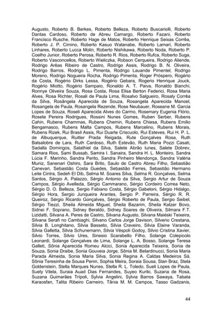Augusto, Roberto B. Berkes, Roberto Belleza, Roberto Buscariolli, Roberto
Dantas Cardoso, Roberto de Abreu Camargo, Roberto Fazani, Roberto
Francisco Rusche, Roberto Hage de Matos, Roberto Henrique Seixas Corrêa,
Roberto J. P. Cimino, Roberto Kasuo Watanabe, Roberto Lamari, Roberto
Linhares, Roberto Lucca Molin, Roberto Nishikawa, Roberto Noda, Roberto P.
Coelho Junior, Roberto Perosa, Roberto R. Rios, Roberto Rufca, Roberto Suga,
Roberto Vasconcellos, Roberto Wieliczka, Robson Cerqueira, Rodrigo Aliende,
Rodrigo Arêas Ribeiro de Castro, Rodrigo Assis, Rodrigo B. N. Oliveira,
Rodrigo Barros, Rodrigo L. Pimenta, Rodrigo Lauande Pimentel, Rodrigo
Moreno, Rodrigo Nogueira Rocha, Rodrigo Pimenta, Roger Próspero, Rogério
da Costa, Rogério Dirks Lessa, Rogério Gebara, Rogerio Henrique Jouck,
Rogério Miotto, Rogério Sampaio, Ronaldo A. T. Paiva, Ronaldo Bianchi,
Ronnye Oliveira Souza, Rosa Costa, Rosa Elisa Berton Federici, Rosa Maria
Alves, Rosa Richter, Rosali de Paula Lima, Rosalvo Salgueiro, Rosaly Corrêa
da Silva, Rosângela Aparecida de Souza, Rosangela Aparecida Manoel,
Rosangela de Paula, Rosangela Rezende, Rose Neubauer, Roseane M. Garcia
Lopes de Souza, Roseli Aparecida Alves do Carmo, Rosemary Eugenia Flório,
Rosete Pereira Rodrigues, Rossini Nunes Gomes, Ruben Serber, Rubens
Cahin, Rubens Chammas, Rubens Chemin, Rubens Chiesa, Rubens Emilio
Bengamasco, Rubens Malta Campos, Rubens Marcelino, Rubens Morais,
Rubens Rizek, Rui Brasil Assis, Rui Duarte Criscuolo, Rui Esteves, Rui H. P. L.
de Albuquerque, Ruitter Prada Reigada, Rute Gonçalves Rosa, Ruth
Balsalobre de Lara, Ruth Cardoso, Ruth Estevão, Ruth Maria Pozzi Casati,
Sadalla Domingos, Salathiel da Silva, Salete Abrão Iunes, Salete Dobrev,
Samara Rios, Sami Bussab, Samira I. Sanaira, Sandra H. L. Monteiro, Sandra
Lúcia F. Marinho, Sandra Perito, Sandra Pinheiro Mendonça, Sandra Valéria
Muniz, Sanenari Oshiro, Sara Brito, Saulo de Castro Abreu Filho, Sebastião
Canevari, Sebastião Costa Guedes, Sebastião Ferres, Sebastião Hermano
Leite Cintra, Sedeh El Dib, Selma M. Soares Silva, Selma R. Gonçalves, Selma
Santos, Sérgio A. Palazzo, Sérgio Antonio da Silva, Sergio Artur de Souza
Campos, Sérgio Avelleda, Sérgio Cammarano, Sérgio Cordeiro Correa Neto,
Sérgio D. O. Belleza, Sergio Fabiano Costa, Sérgio Gabeloni, Sérgio Hidalgo,
Sérgio Hora, Sergio Junqueira Arantes, Sergio P. Parreira, Sérgio R. R.
Queiroz, Sérgio Ricardo Gonçalves, Sérgio Roberto de Paula, Sergio Seibel,
Sérgio Tiezzi, Sheila Almeida Miguel, Sheila Bazarim, Sheila Katzer Bovo,
Sidnei F. Soprano, Sidney Beraldo, Sidney Soares de Oliveira, Silmara F.T.
Lizidatti, Silvana A. Peres de Castro, Silvana Augusto, Silvana Maiéski Teixeira,
Silvana Serafi no Cambiaghi, Silvano Carlos Jorge Davison, Silverio Crestana,
Silvia B. Longhitano, Silvia Basseto, Silvia Craveiro, Silvia Elaine Varanda,
Silvia Galletta, Silvia Schunemann, Silvia Véspoli Godoy, Silvio Cristina Xavier,
Silvio Torres, Silvio Ures, Sinesio Scarabello Filho, Solange Colepicolo
Leonardi, Solange Gonçalves de Lima, Solange L. A. Bosso, Solange Teresa
Galleti, Sônia Aparecida Romeu Alcici, Sonia Aparecida Teixeira, Sonia de
Souza, Sonia Draibe, Sonia Gouveia Jorge, Sônia M. Belardinucci, Sonia Maria
Parada Almeida, Sonia Maria Silva, Sonia Regina A. Caldas Medeiros Sá,
Sônia Teresinha de Sousa Penin, Sophia Meira, Soraia Sousa, Stan Braz, Stela
Goldenstein, Stella Marques Nunes, Stella R. L. Toledo, Sueli Lopes de Paula,
Suely Vilela, Suraia Auad Dias Fernandes, Suyeo Kuriki, Suzana de Rosa,
Suzana Guimarães Trípoli, Sylvia Angelini, Sylvia Barros Sawaya, Tabata
Karaosfan, Talita Ribeiro Carneiro, Tânia M. M. Campos, Tasso Gadzanis,


                                                                              44
 