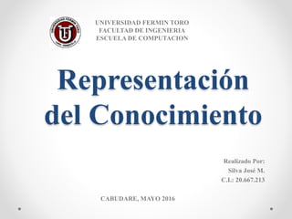 Representación
del Conocimiento
Realizado Por:
Silva José M.
C.I.: 20.667.213
UNIVERSIDAD FERMIN TORO
FACULTAD DE INGENIERIA
ESCUELA DE COMPUTACION
CABUDARE, MAYO 2016
 