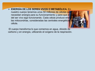  ENERGÍA DE LOS SERES VIVOS O METABÓLICA. En
nuestro cuerpo tenemos unos 50 millones de células que
necesitan energía para su funcionamiento y para que el cuerpo
del ser vivo siga funcionando. Cada célula produce energía en
las mitocondrias, consideradas las centrales energéticas de la
célula.
El cuerpo transforma lo que comemos en agua, dióxido de
carbono y en energía, utilizando el oxígeno de la respiración.
 