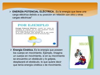  ENERGÍA POTENCIAL ELÉCTRICA . Es la energía que tiene una
carga eléctrica debido a su posición en relación con otra u otras
cargas eléctricas"
 Energía Cinética. Es la energía que poseen
los cuerpo en movimiento. Ejemplo, Imagina
un cuerpo en movimiento, si en su movimiento
se encuentra un obstáculo y lo golpea,
desplazará el obstáculo, lo que quiere decir
que tenía energía cinética o de movimiento.
 