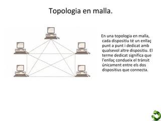 Topologia en malla.

               En una topologia en malla,
               cada dispositiu té un enllaç
               punt a punt i dedicat amb
               qualsevol altre dispositiu. El
               terme dedicat significa que
               l'enllaç condueix el trànsit
               únicament entre els dos
               dispositius que connecta.
 