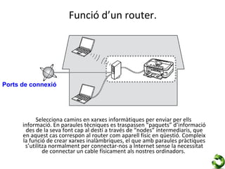 Funció d’un router.




Ports de connexió.




            Selecciona camins en xarxes informàtiques per enviar per ells
      informació. En paraules tècniques es traspassen “paquets” d’informació
       des de la seva font cap al destí a través de “nodes” intermediaris, que
      en aquest cas correspon al router com aparell físic en qüestió. Compleix
      la funció de crear xarxes inalàmbriques, el que amb paraules pràctiques
       s’utilitza normalment per connectar-nos a Internet sense la necessitat
               de connectar un cable físicament als nostres ordinadors.
 
