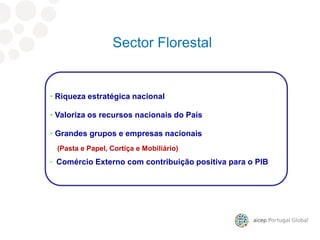 9º mercado para as nossas exportações
Sector Florestal
• Riqueza estratégica nacional
• Valoriza os recursos nacionais do País
• Grandes grupos e empresas nacionais
(Pasta e Papel, Cortiça e Mobiliário)
• Comércio Externo com contribuição positiva para o PIB
 