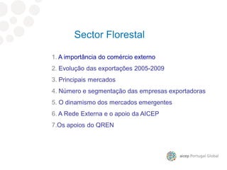 9º mercado para as nossas exportações
Sector Florestal
1. A importância do comércio externo
2. Evolução das exportações 2005-2009
3. Principais mercados
4. Número e segmentação das empresas exportadoras
5. O dinamismo dos mercados emergentes
6. A Rede Externa e o apoio da AICEP
7.Os apoios do QREN
 