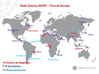 Macau
São Francisco Nova Iorque
Toronto
Cidade do México
São Paulo
Luanda
Praia
Buenos Aires
Pequim
Tóquio
Seul
Maputo
Joanesburgo
Xangai
Singapura
Rabat
Argel
Santiago do Chile
Tunes
Nova Deli
Dubai
Tripoli
Caracas
6 Centro de Negócios
12 Escritórios
6 Representações
Rede Externa AICEP – Fora da Europa
 