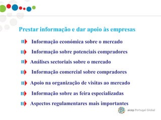 Prestar informação e dar apoio às empresas
Informação sobre potenciais compradores
Análises sectoriais sobre o mercado
Informação comercial sobre compradores
Apoio na organização de visitas ao mercadonacional
Informação sobre as feira especializadas
Aspectos regulamentares mais importantes
Informação económica sobre o mercado
 