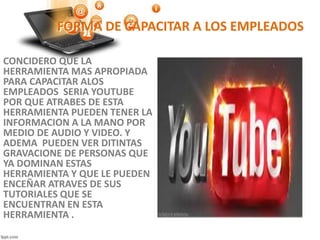 FORMA DE CAPACITAR A LOS EMPLEADOS
CONCIDERO QUE LA
HERRAMIENTA MAS APROPIADA
PARA CAPACITAR ALOS
EMPLEADOS SERIA YOUTUBE
POR QUE ATRABES DE ESTA
HERRAMIENTA PUEDEN TENER LA
INFORMACION A LA MANO POR
MEDIO DE AUDIO Y VIDEO. Y
ADEMA PUEDEN VER DITINTAS
GRAVACIONE DE PERSONAS QUE
YA DOMINAN ESTAS
HERRAMIENTA Y QUE LE PUEDEN
ENCEÑAR ATRAVES DE SUS
TUTORIALES QUE SE
ENCUENTRAN EN ESTA
HERRAMIENTA .
 