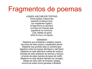 Fragmentos de poemas
A BUEN JUEZ MEJOR TESTIGO
Entre pardos nubarrones
pasando la blanca luna,
con resplandor fugitivo,
la baja tierra no alumbra.
La brisa con frescas alas
juguetona no murmura,
y las veletas no giran
entre la cruz y la cúpula.
GRANADA
Dejadme que embebido y estático respire
las auras de este ameno y espléndido pensil.
Dejadme que perdido bajo su sombra gire;
dejadme entre los brazos del Dauro y del Genil.
Dejadme en esta alfombra mullida de verdura,
cercado de este ambiente de aromas y fresura,
al borde de estas fuentes de tazas de márfil.
Dejadme en este alcázar labrado con encajes,
debajo de este cielo de límpidos celajes,
encima de estas torres ganadas a Boabdil.

 