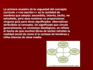 La primera muestra de la vaguedad del concepto currículo <<no-escrito>> es la cantidad de nombres que adopta: escondido, latente, tácito, no estudiado, pero esos nombres no proporcionan ninguna guía para otros significados  alternativos atribuibles al concepto. Un significado que circula generalmente, en contextos ideológicos, se refiere al hecho de que muchos libros de textos retratan la realidad social de como si lo contase de hombres y niños blancos de clase media. 
