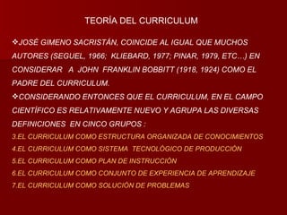 JOSÉ GIMENO SACRISTÁN, COINCIDE AL IGUAL QUE MUCHOS AUTORES (SEGUEL, 1966;  KLIEBARD, 1977; PINAR, 1979, ETC…) EN CONSIDERAR  A  JOHN  FRANKLIN BOBBITT (1918, 1924) COMO EL PADRE DEL CURRICULUM. CONSIDERANDO ENTONCES QUE EL CURRICULUM, EN EL CAMPO CIENTÍFICO ES RELATIVAMENTE NUEVO Y AGRUPA LAS DIVERSAS DEFINICIONES  EN CINCO GRUPOS : EL CURRICULUM COMO ESTRUCTURA ORGANIZADA DE CONOCIMIENTOS EL CURRICULUM COMO SISTEMA  TECNOLÓGICO DE PRODUCCIÓN EL CURRICULUM COMO PLAN DE INSTRUCCIÓN  EL CURRICULUM COMO CONJUNTO DE EXPERIENCIA DE APRENDIZAJE EL CURRICULUM COMO SOLUCIÓN DE PROBLEMAS TEORÍA DEL CURRICULUM 