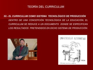 02.- EL CURRICULUM COMO SISTEMA  TECNOLÓGICO DE PRODUCCIÓN DENTRO DE UNA CONCEPCIÓN TECNOLÓGICA DE LA EDUCACIÓN, EL CURRICULUM SE REDUCE A UN DOCUMENTO  DONDE SE ESPECIFICAN LOS RESULTADOS  PRETENDIDOS EN DICHO SISTEMA DE PRODUCCIÓN.  TEORÍA DEL CURRICULUM 