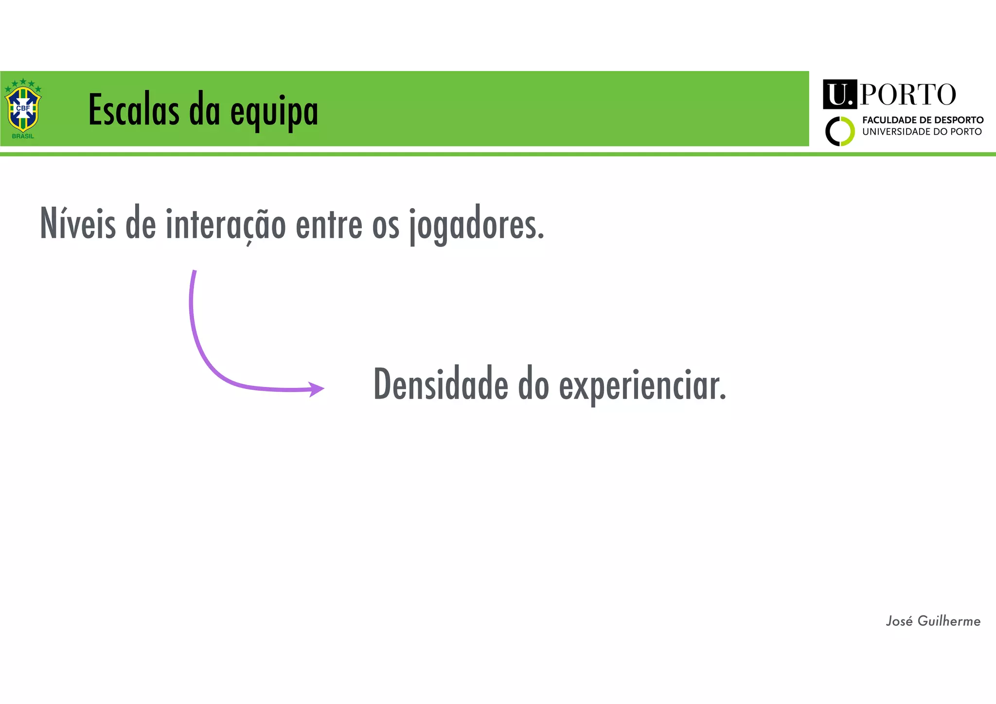 José Guilherme
Escalas da equipa
Níveis de interação entre os jogadores.
Densidade do experienciar.
 