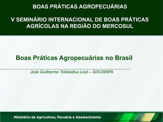 José Guilherme Tollstadius Leal – SDC/MAPA 
Boas Práticas Agropecuárias no Brasil 
BOAS PRÁTICAS AGROPECUÁRIAS V SEMINÁRIO INTERNACIONAL DE BOAS PRÁTICAS AGRÍCOLAS NA REGIÃO DO MERCOSUL  