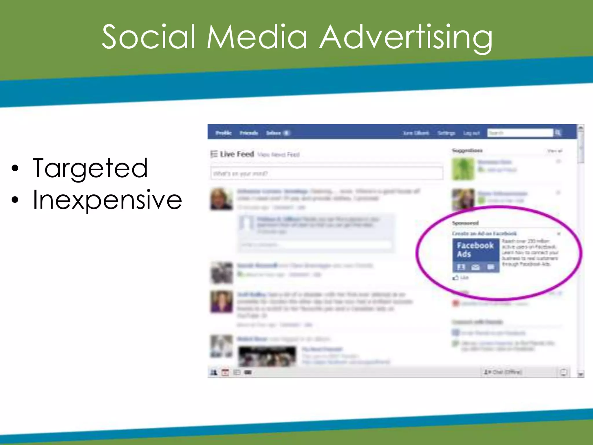 Social Media Advertising
• Targeted
• Inexpensive
 
