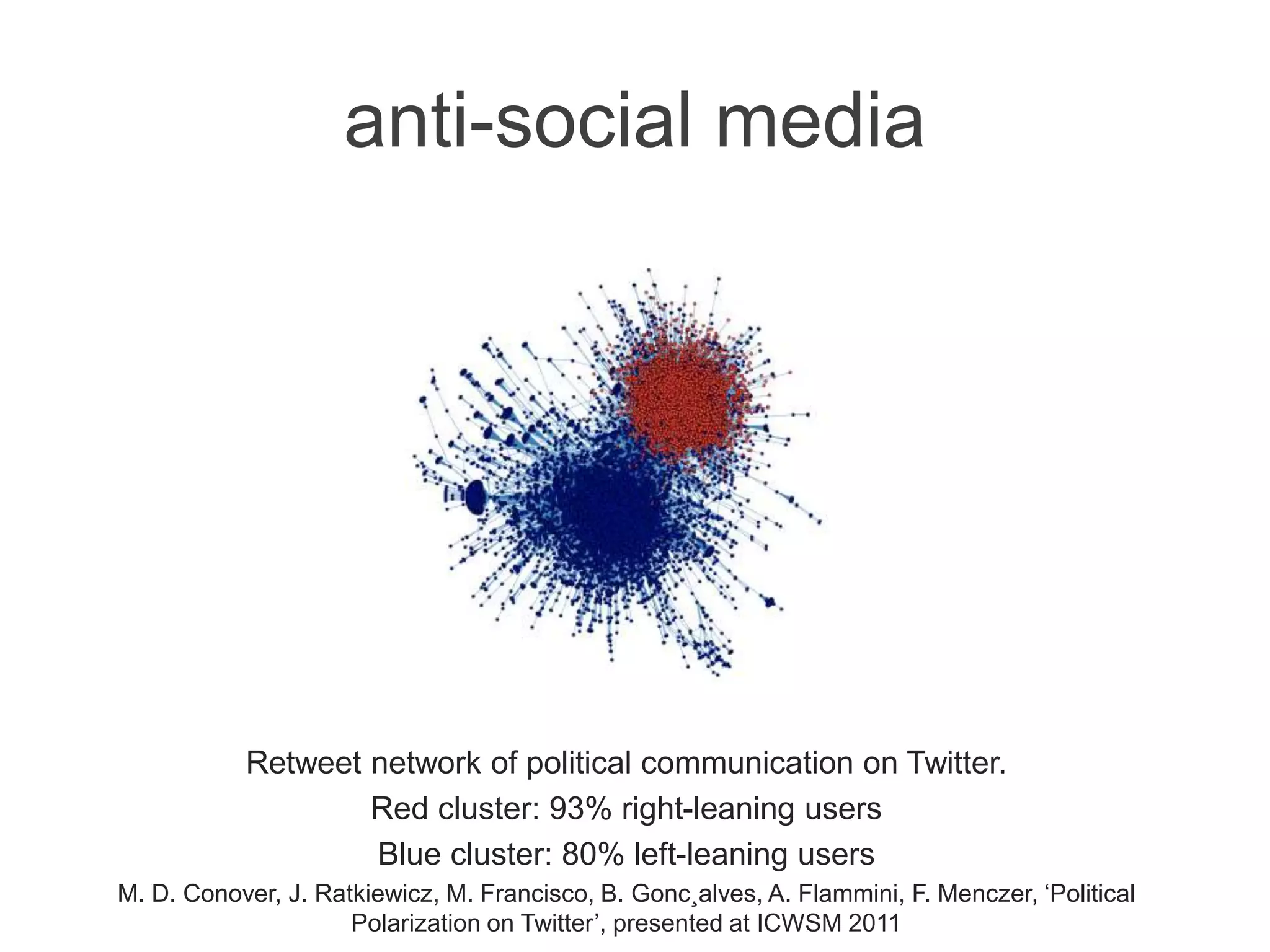 anti-social media
Retweet network of political communication on Twitter.
Red cluster: 93% right-leaning users
Blue cluster: 80% left-leaning users
M. D. Conover, J. Ratkiewicz, M. Francisco, B. Gonc¸alves, A. Flammini, F. Menczer, ‘Political
Polarization on Twitter’, presented at ICWSM 2011
 