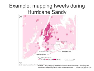 Example: mapping tweets during
Hurricane Sandy
Shelton, T et al, ‘Mapping the data shadows of Hurricane Sandy: Uncovering ...