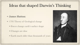 Ideas that shaped Darwin’s Thinking
James Hutton:


1795 Theory of Geological change


Forces change earth’s surface shape


Changes are slow


Earth much older than thousands of years
 