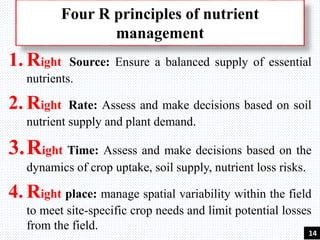 Four R principles of nutrient
management
1. Right Source: Ensure a balanced supply of essential
nutrients.
2. Right Rate: Assess and make decisions based on soil
nutrient supply and plant demand.
3.Right Time: Assess and make decisions based on the
dynamics of crop uptake, soil supply, nutrient loss risks.
4. Right place: manage spatial variability within the field
to meet site-specific crop needs and limit potential losses
from the field.
14
 