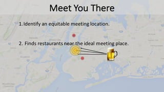 Meet	You	There
1.Identify	an	equitable	meeting	location.
2. Finds	restaurants	near	the	ideal	meeting	place.
 