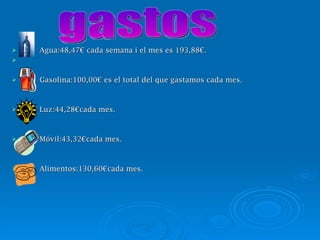 Agua:48,47€ cada semana i el mes es 193,88€. Gasolina:100,00€ es el total del que gastamos cada mes. Luz:44,28€cada mes. Móvil:43,32€cada mes. Alimentos:130,60€cada mes. gastos 