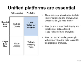Slide 5 
Unified platforms are essential 
Blended 
Data 
Sets 
Single 
Data 
Slice 
Retrospective Predictive 
MySQL 
Oracle 
Excel 
Access 
Core 
Value for 
Aviation 
Today’s 
Modeling 
Tools 
• There are great visualization tools to 
improve planning and analysis, but 
what data do you feed them? 
• How do you ensure the integrity and 
reliability of data collected 
if you fully automate analytics? 
• How can you access large enough 
volumes of historical data to gamble 
on predictive analytics? 
 