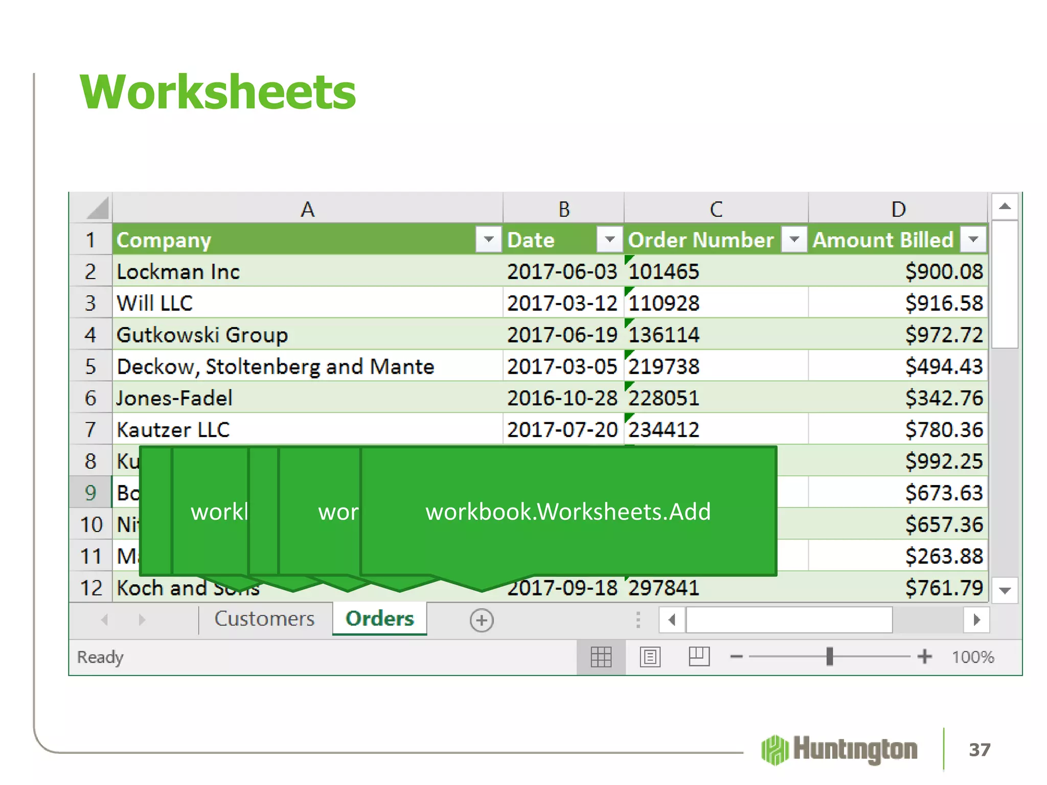 Worksheets
37
workbook.Worksheets(1)workbook.Worksheets(‘Customers’)workbook.Worksheets(2)workbook.Worksheets(‘Orders’)workbook.Worksheets.Add
 