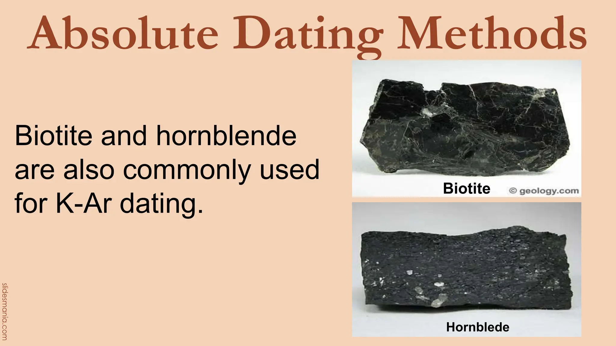 Absolute Dating Methods
Biotite and hornblende
are also commonly used
for K-Ar dating.
Biotite
Hornblede
 