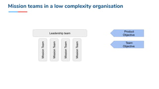 Leadership team
Product
Objective
Team
Objective
Mission teams in a low complexity organisation
MissionTeam
MissionTeam
MissionTeam
MissionTeam
 