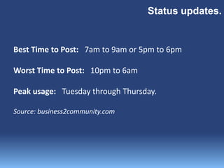 Status updates.
Best Time to Post: 7am to 9am or 5pm to 6pm
Worst Time to Post: 10pm to 6am
Peak usage: Tuesday through Thursday.
Source: business2community.com