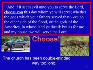 15  And if it seem evil unto you to serve the Lord,  choose you  this day whom ye will serve; whether the gods which your fathers served that  were  on the other side of the flood, or the gods of the Amorites, in whose land ye dwell: but as for me and my house, we will serve the Lord.  The church has been  double-minde d  way too long. 