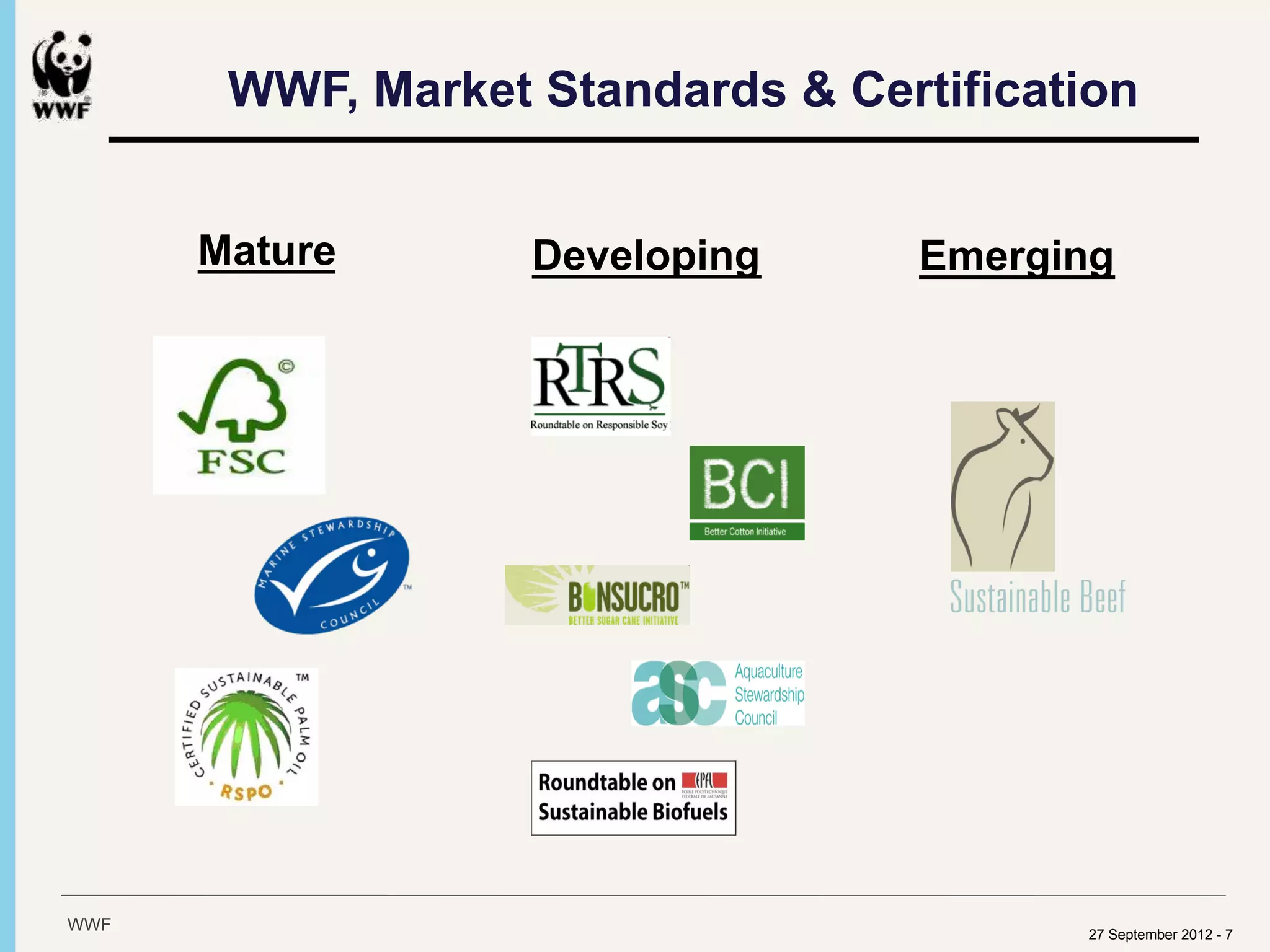 WWF, Market Standards & Certification


      Mature       Developing      Emerging




WWF                                      27 September 2012 - 7
 