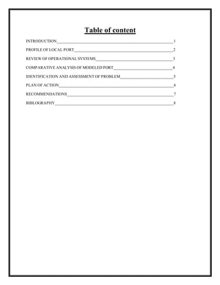 Table of content
INTRODUCTION___________________________________________________________1
PROFILE OF LOCAL PORT__________________________________________________2
REVIEW OF OPERATIONAL SYSTEMS_______________________________________3
COMPARATIVE ANALYSIS OF MODELED PORT______________________________4
IDENTIFICATION AND ASSESSMENT OF PROBLEM___________________________5
PLAN OF ACTION__________________________________________________________6
RECOMMENDATIONS______________________________________________________7
BIBLOGRAPHY____________________________________________________________8
 
