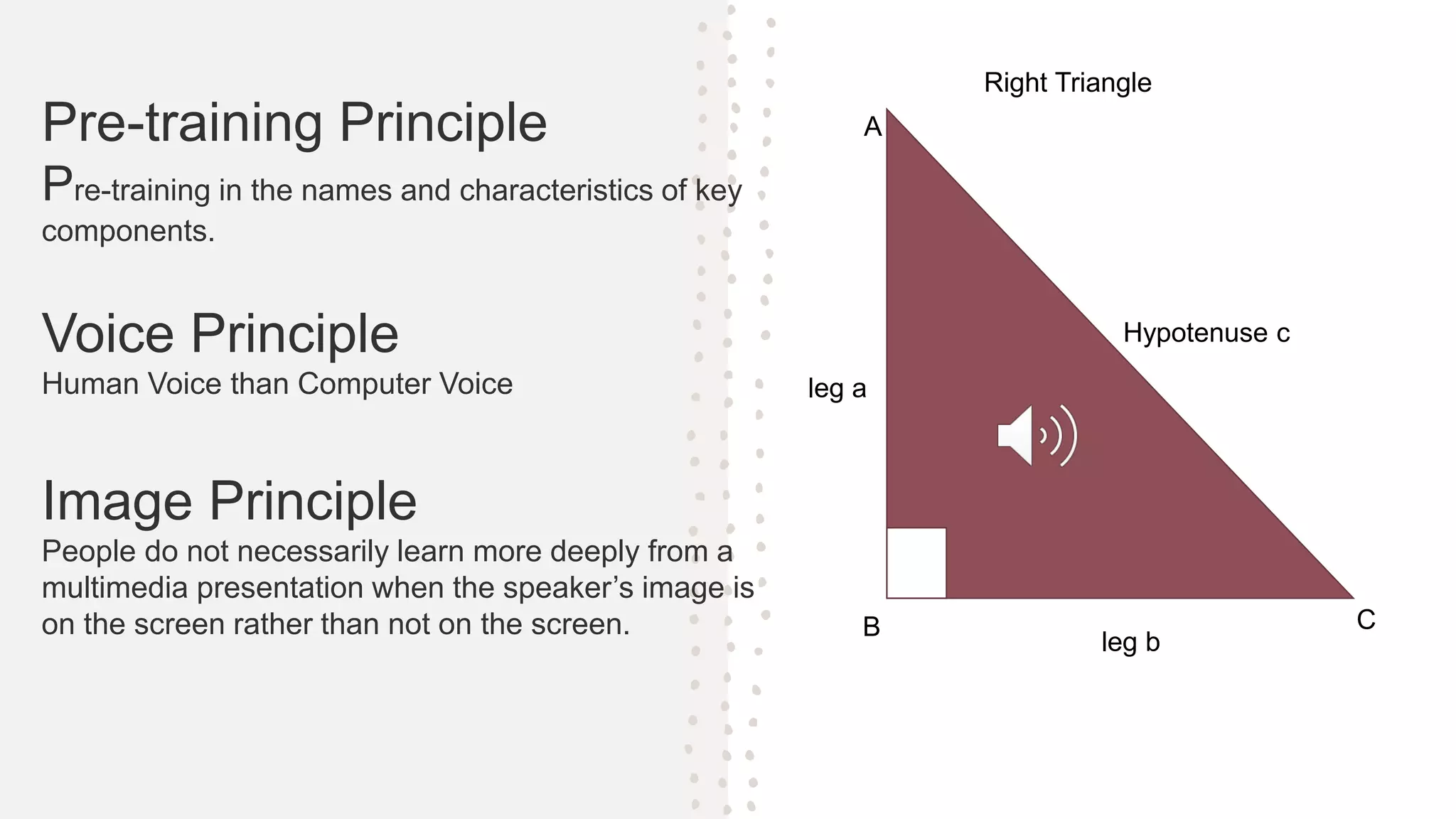 Pre-training Principle
Pre-training in the names and characteristics of key
components.
Voice Principle
Human Voice than Computer Voice
Image Principle
People do not necessarily learn more deeply from a
multimedia presentation when the speaker’s image is
on the screen rather than not on the screen.
Hypotenuse c
leg a
leg b
Right Triangle
A
B C
 